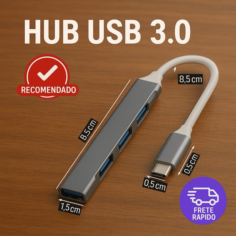Hub USB-C 3.0 4 Portas Super Rápido Alta Velocidade Compatível com Notebook Macbook PC e Celular