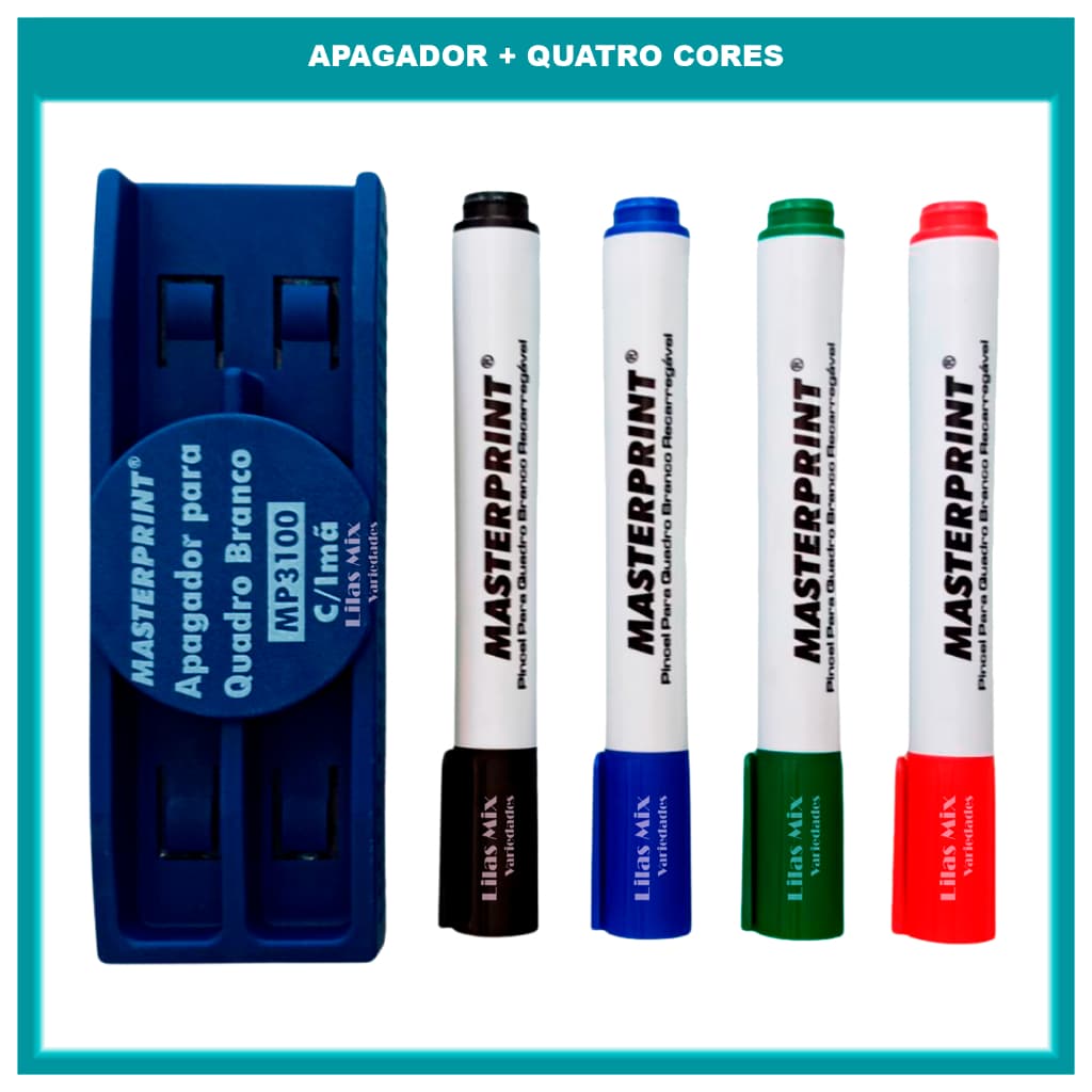 kit Pincel Quadro Branco 4 Cores Recarregáveis  + Apagador Quadro Branco Masterprint