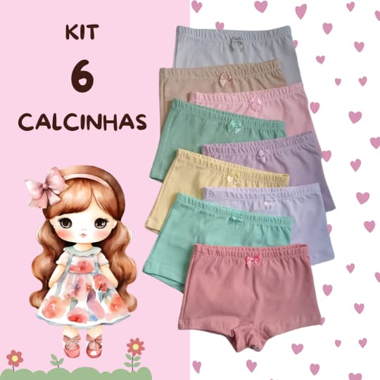 6 Calcinha Boxer Segurança Box Desfralde Shorts Shortinho Feminino Infantil Menina Cottom Algodão