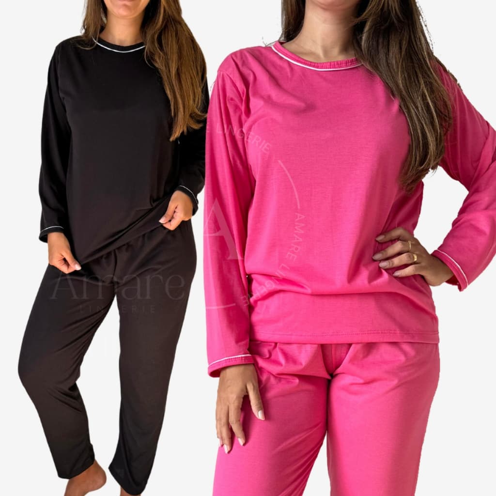Pijama Longo Feminino de Inverno em Malha Premium Cores Lisas