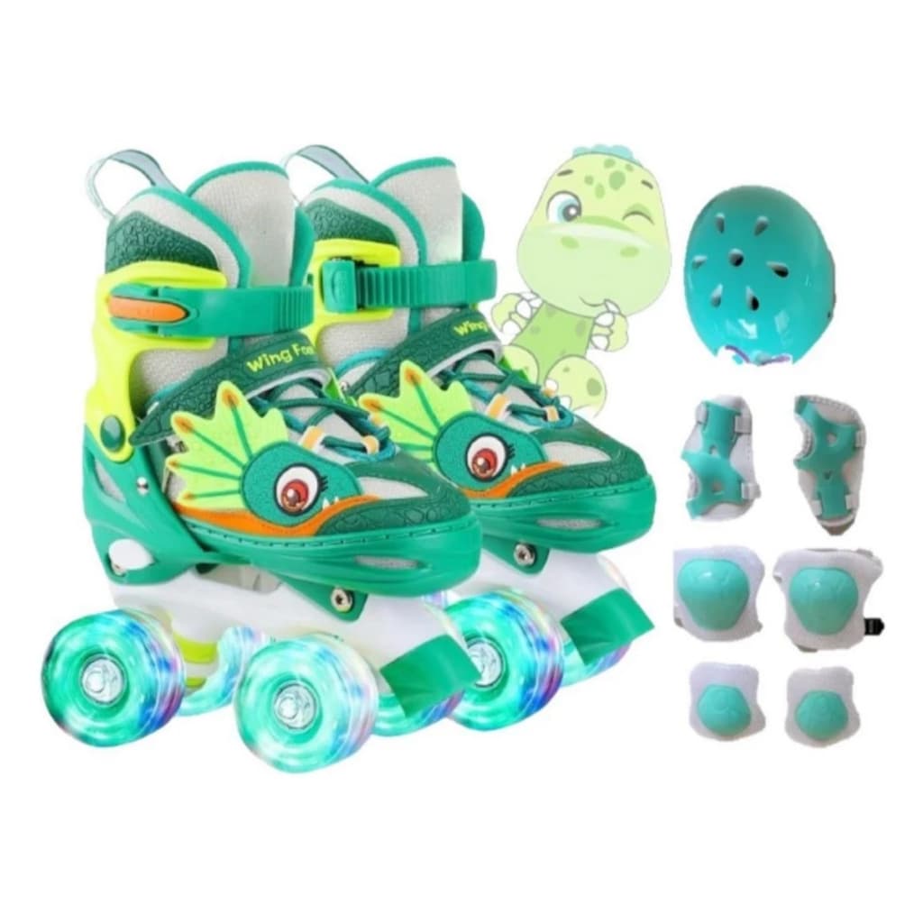 Patins Infantil 4 Rodas Dinossauro Meninos + Protecao +Luz Promocao Patins Quad Criança Meninas 2025