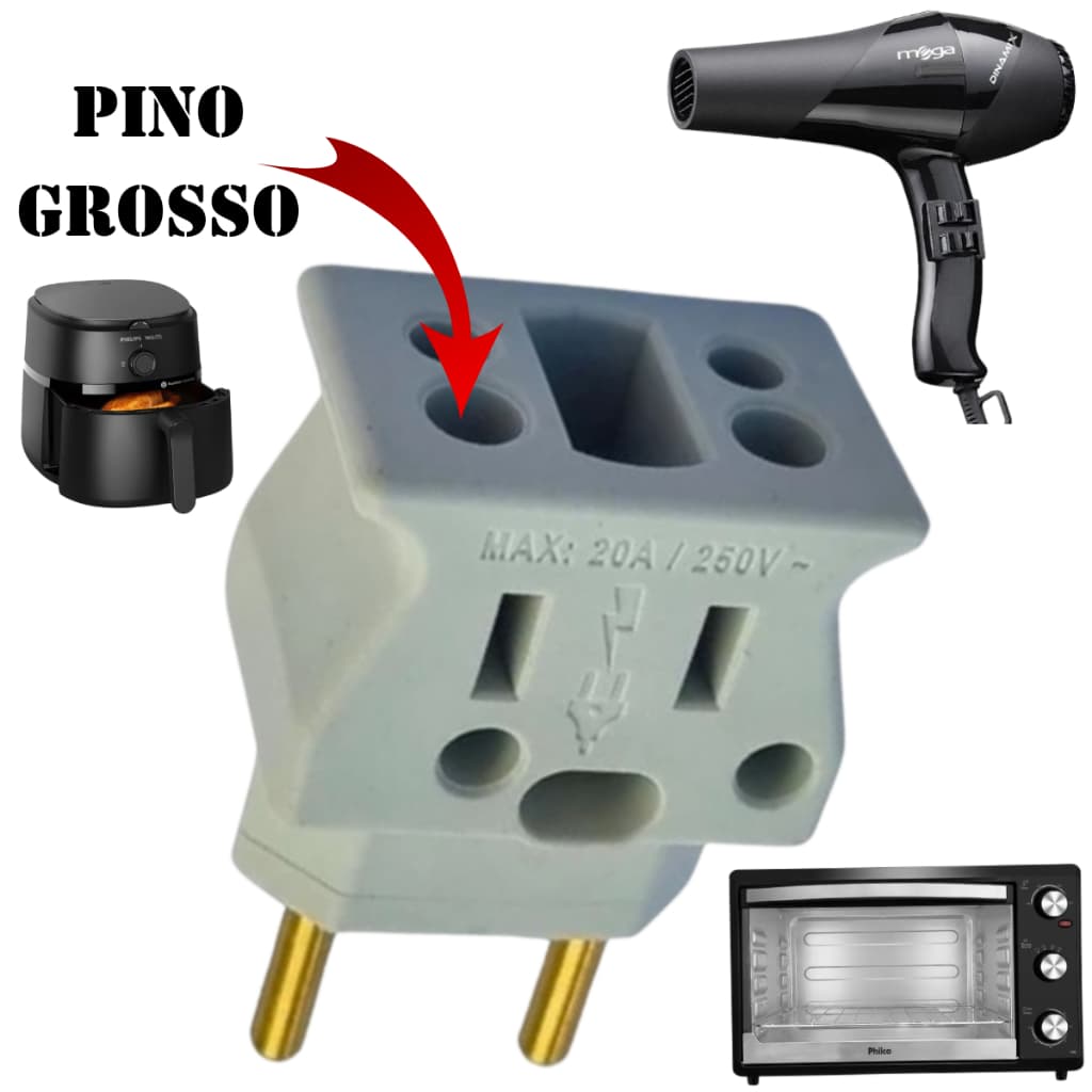 Adaptador Resistente Forno Eletrico Secador De Cabelo Air Fryer Microondas Pino Grosso 20A 10A