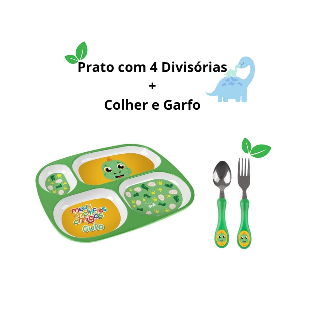 Kit Refeição Dinossaouro Verde  Prato Infantil Com Divisorias + Talher Colher E Garfo Para Crianças Menina Menino