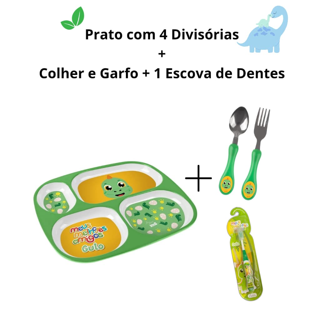 Kit Refeição Prato Infantil Com Divisórias + Talher  Garfo E Colher + 1 Escova De Dente Para Crianças Menina Menino