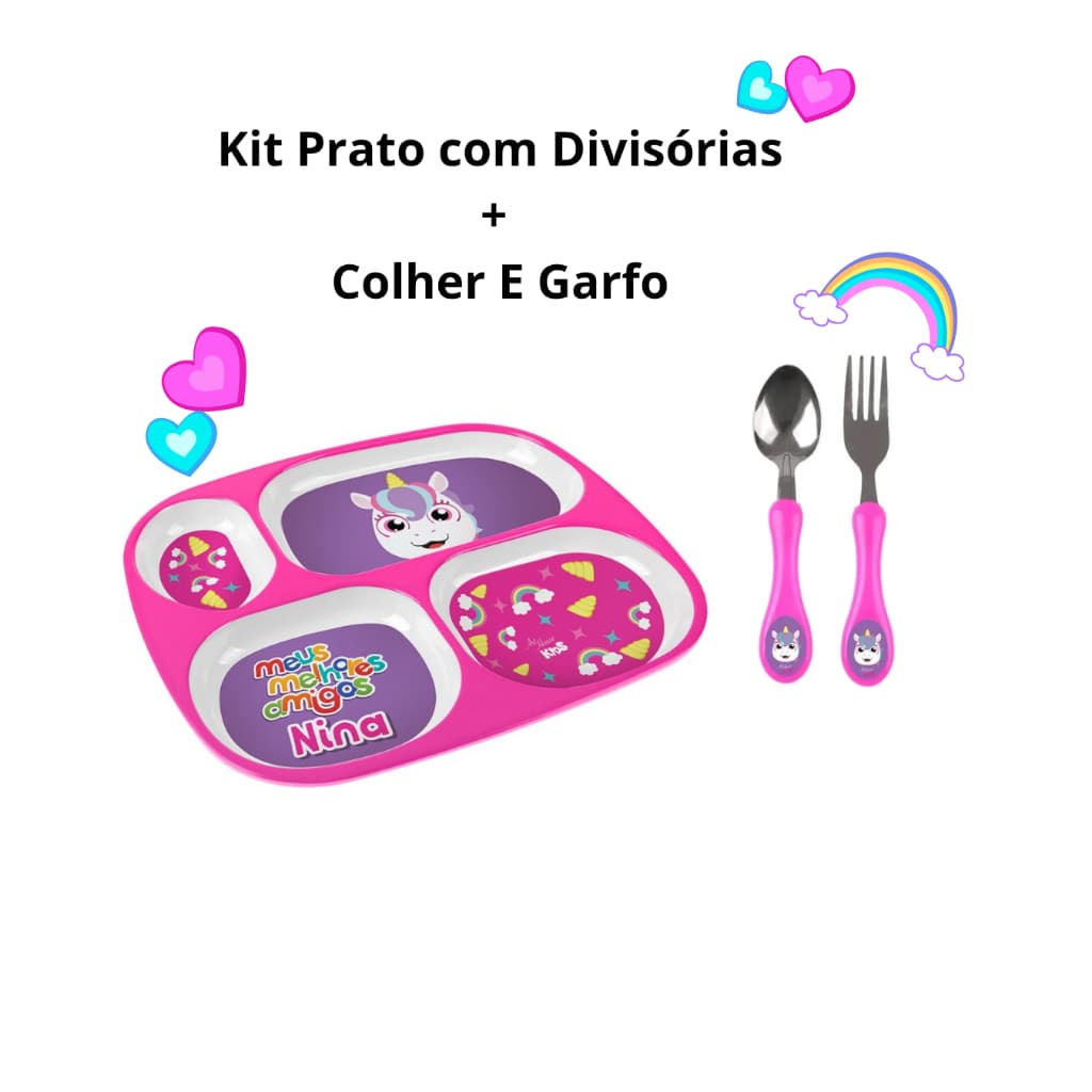 Kit Refeição Unicórnio Rosa menina Prato Com Divisoria +Kit Talher  Colher E Garfo Menina