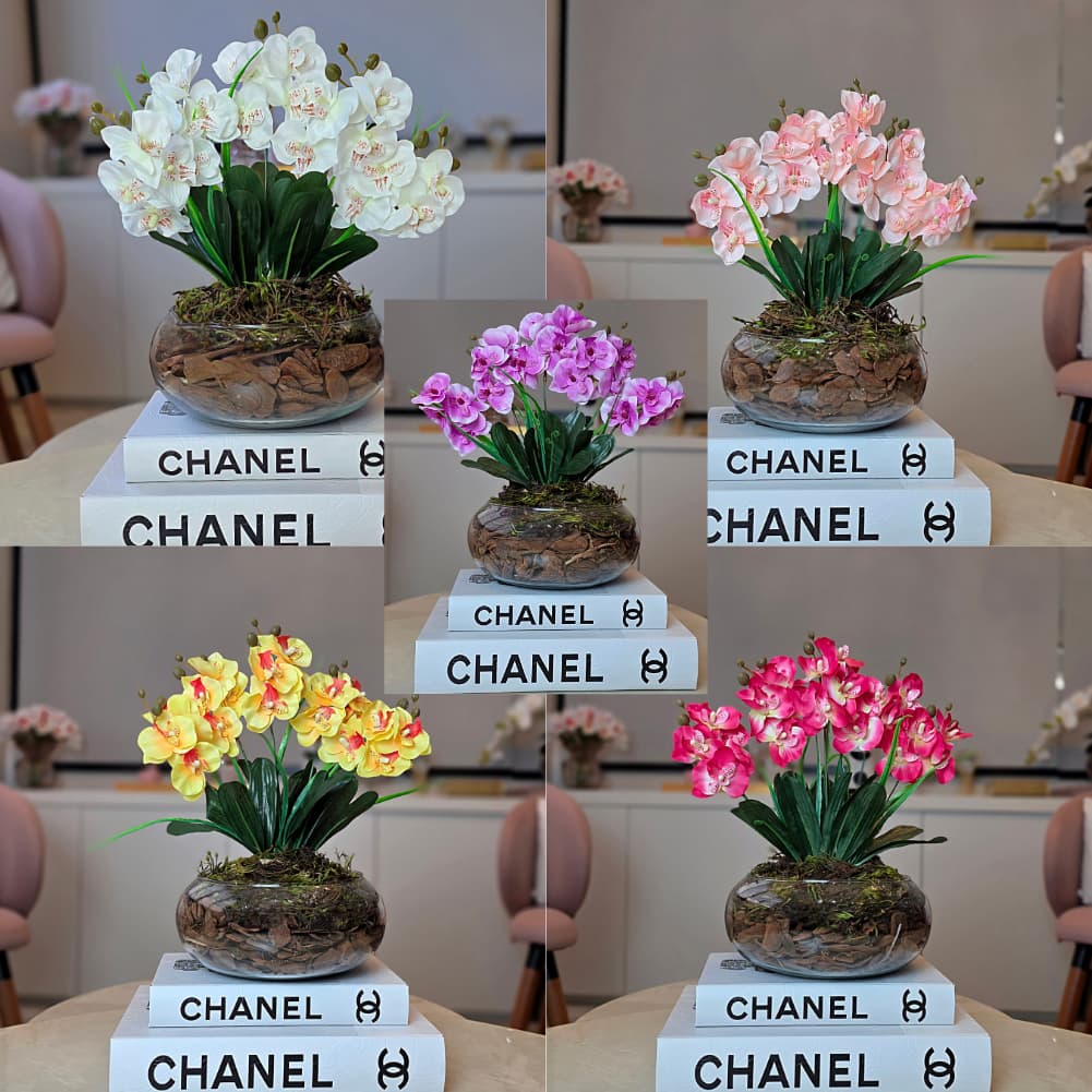 ARRANJO DECORATIVO BUQUE DE ORQUIDEAS ARTIFICIAL VASO INCOLOR
