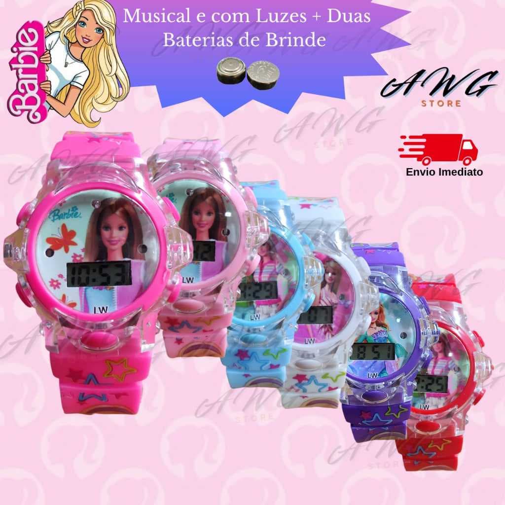 Relógio Infantil Barbie Feminino Menina Colorido com Música e LED + Bateria Extra