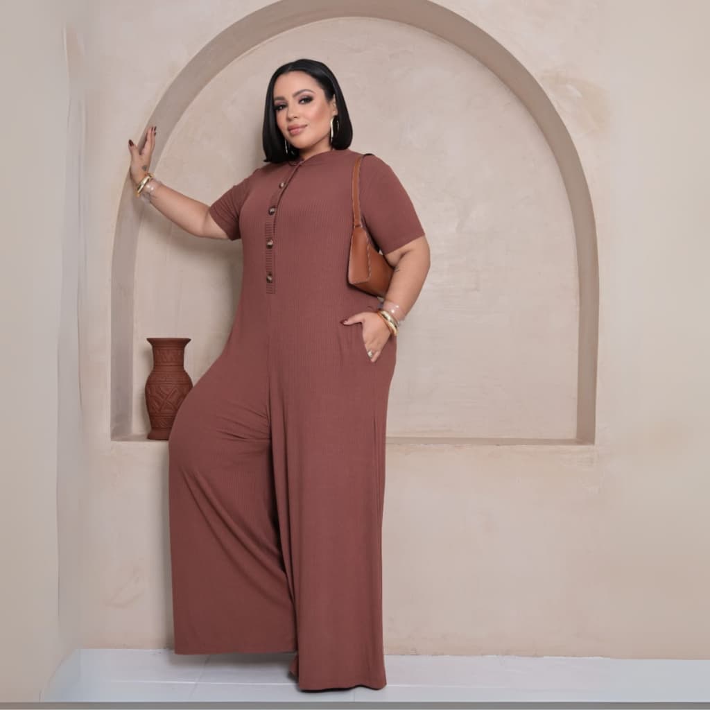 Macacão Feminino Pantalona Curvy Plus Size Malha Canelado Confortável