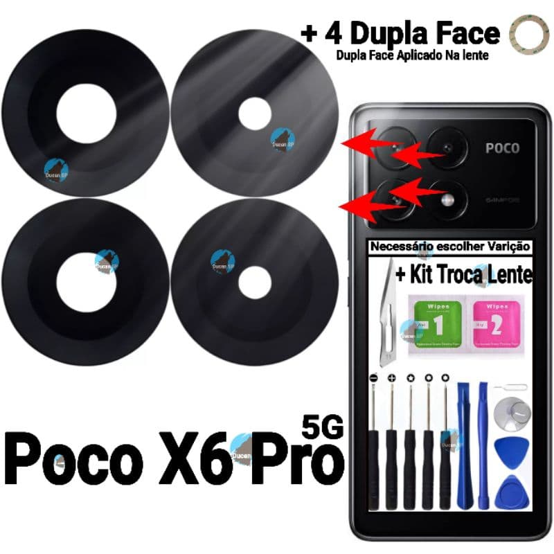 Lente da Câmera Para Xiaomi Poco X6 Pro 5g Kit 4 vidro da Câmera Traseira Vidrinho Traseiro Poco X6 pro 5g + Dupla Face