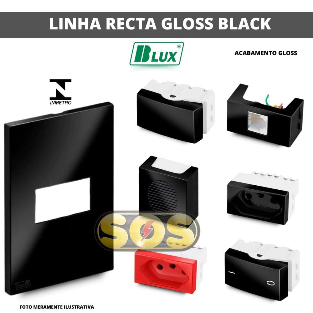 PLACAS, TOMADAS 10A, 20A,  INTERRUPTORES 4X2, 4X4 RECTA GLOSS BLACK BLUX