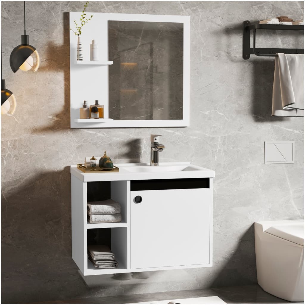 CONJUNTO GABINETE COM ESPELHEIRA E CUBA PARA BANHEIRO 60CM ADONIS VARIAS CORES MDF/MDP/MARMORE SINT