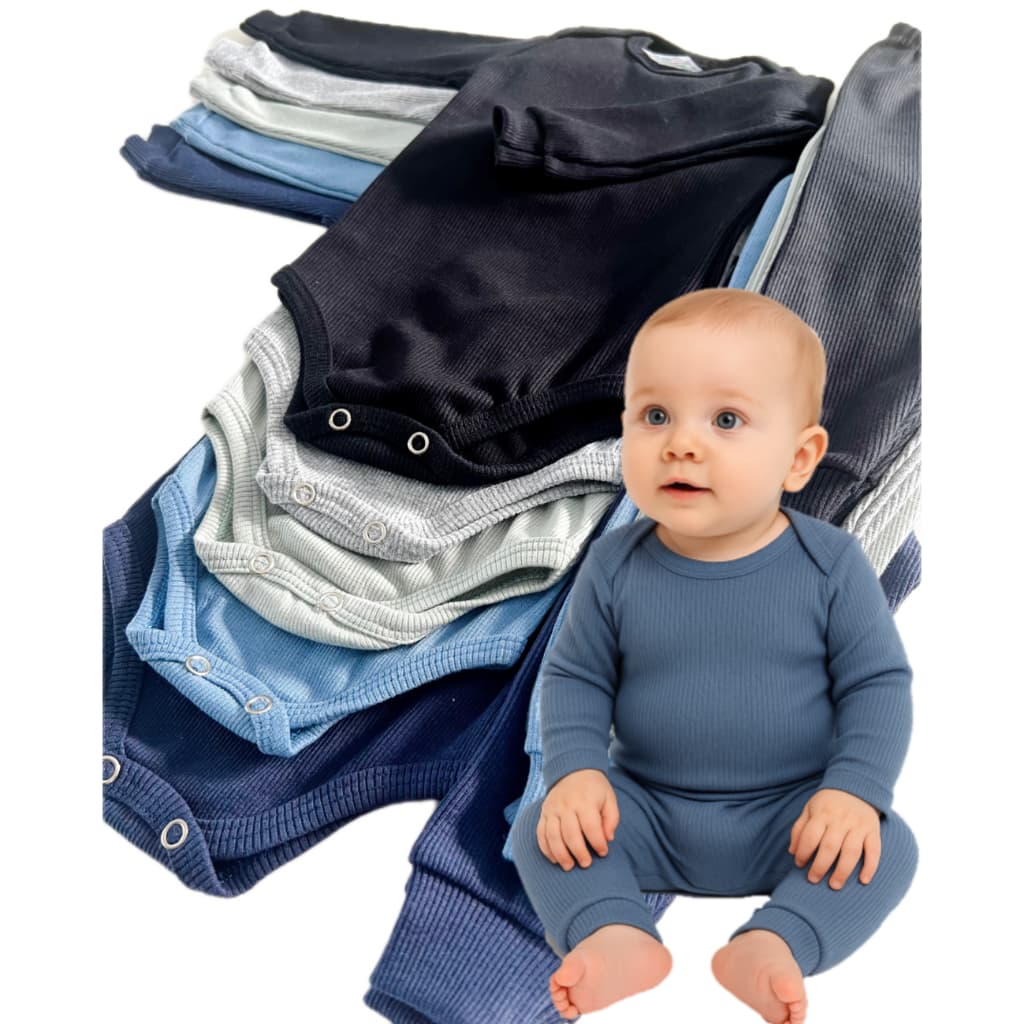 Kit 6 Peças Bebê Menino Body + Calça Mijão Pagão Ribana Canelada Longo RN ao GG 3 Body + 3 Calça