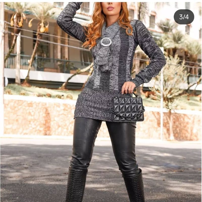 🧥 Blusa de Tricô Feminina com Gola de Cachecol e Detalhe Moderno 🖤