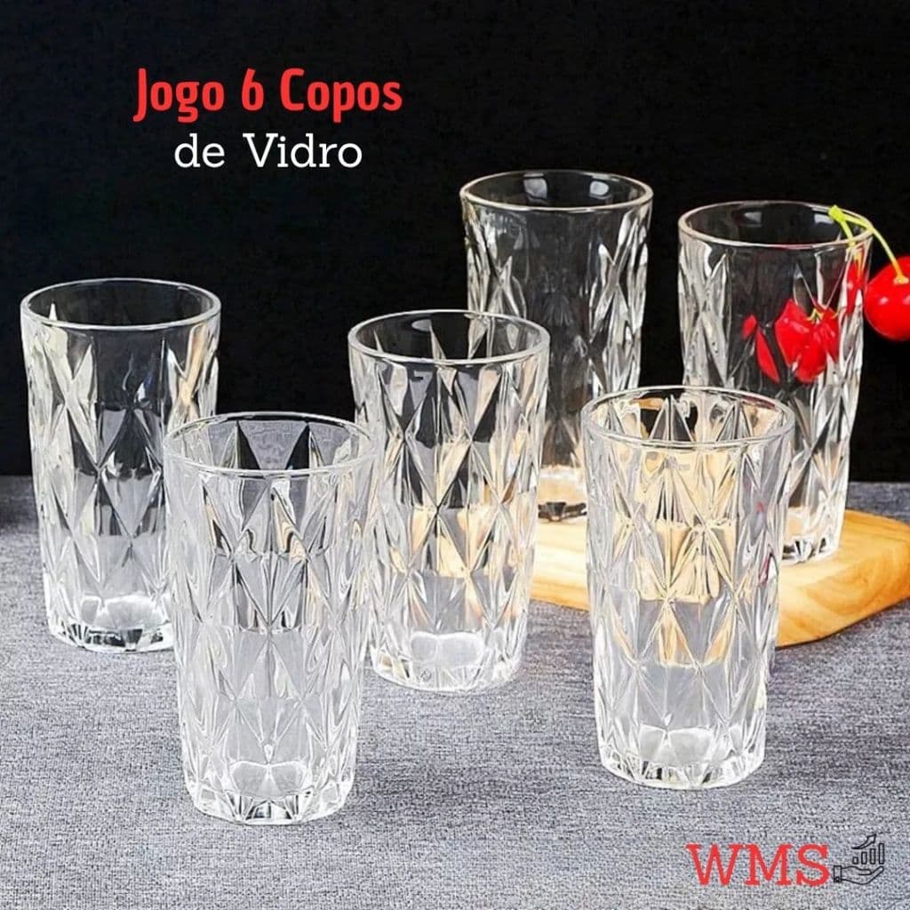 Jogo 6 Copos Diamante Vidro 400ml Cristal Elegante Relevo Geométrico Drinks