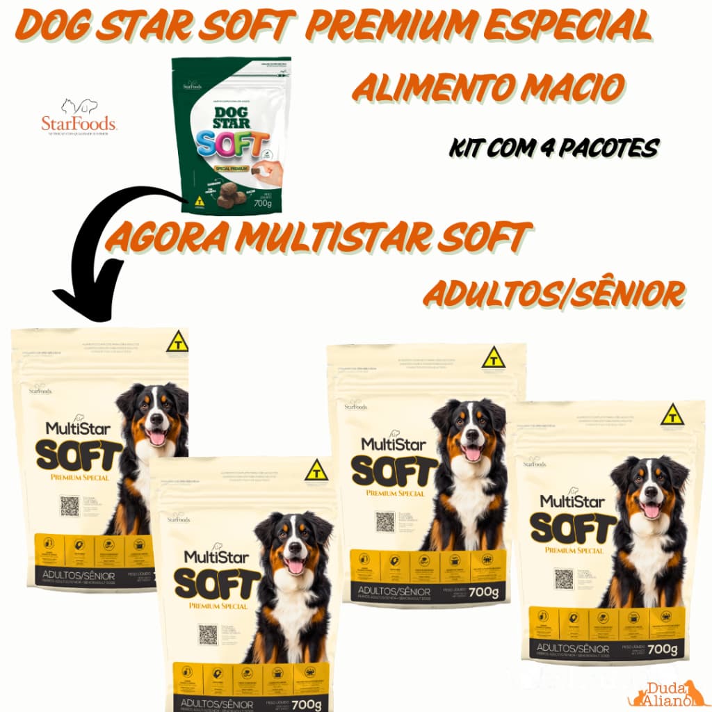 Ração Macia Dog Star Soft /MultiStar Soft Sênior kit com 4 pacotes sem corantes Premium Especial