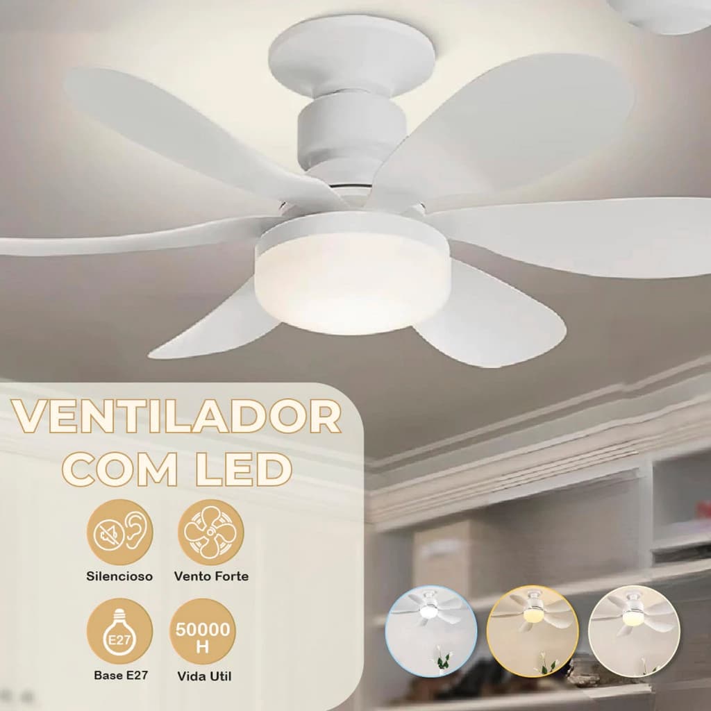 Ventilador Teto Com Luz 80W Integrada Silencioso Branco 6 Pás Com Controle Remoto E27