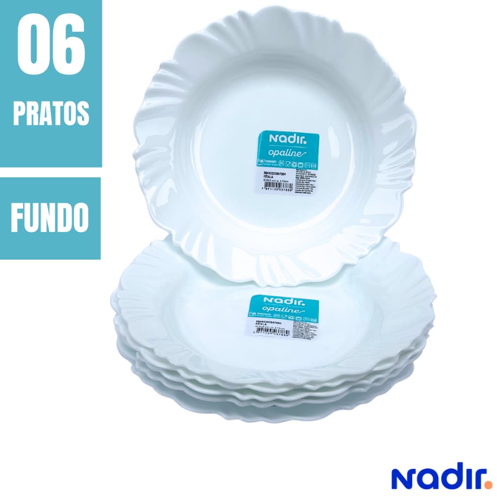 Prato Fundo Opaline Pétala Branco Kit 6 Vidro Temperado Resistente