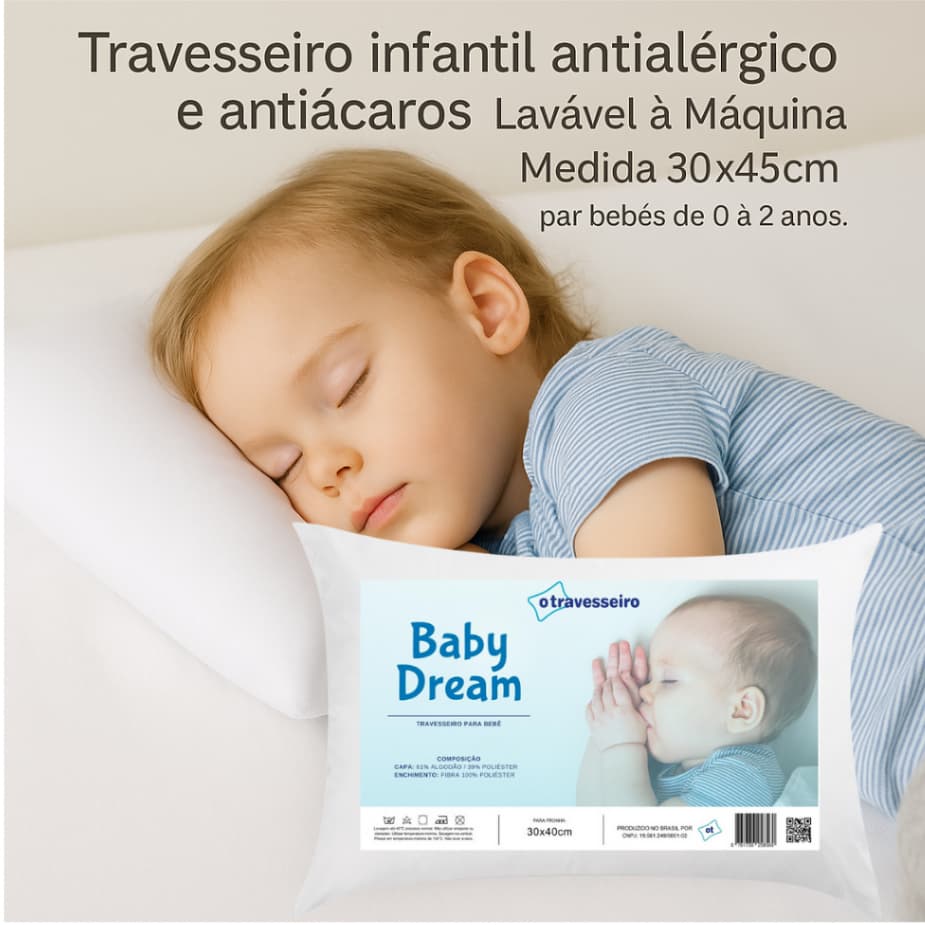 Travesseiro Bebê Antialergico 30x40  Para bebe de 0 á 2 anos Hipoalergênico Branco  Lavável á Maquina - Baby Dream