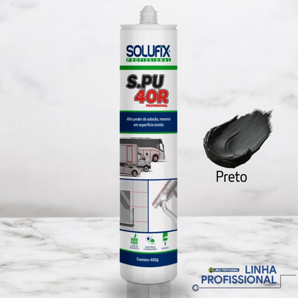 PU40 Preto Poliuretano Silicone Cola Adesivo Selante Anti-Infiltração e Super e Vedação 400g Solufix