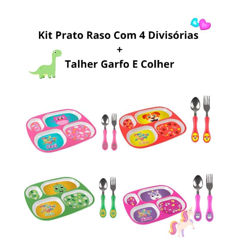 Kit Alimentacao Bebe 1 Prato Com 4 Divisória +1 kit Talher Com Garfo E Colher