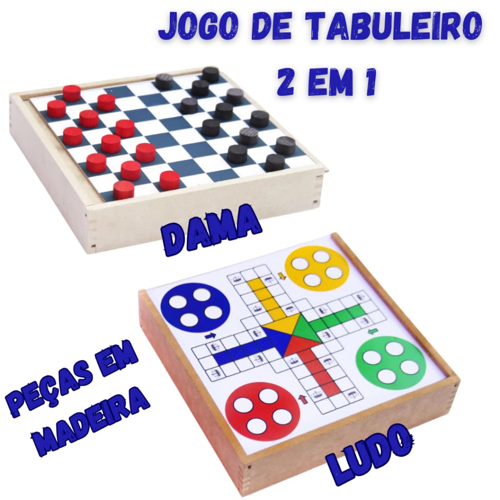 Jogo de Tabuleiro Clássico 2 em 1 Dama e Ludo em Madeira Diversão para Toda a Família