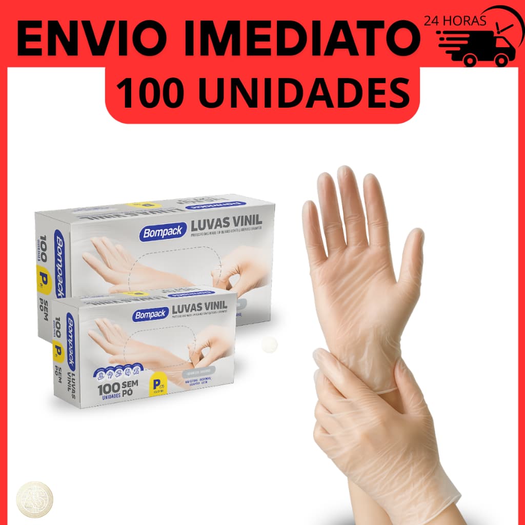 Luva Vinil Transparente Descartável Sem Pó 100 Unidades Resistente Ambidestro Industrial e Domestico