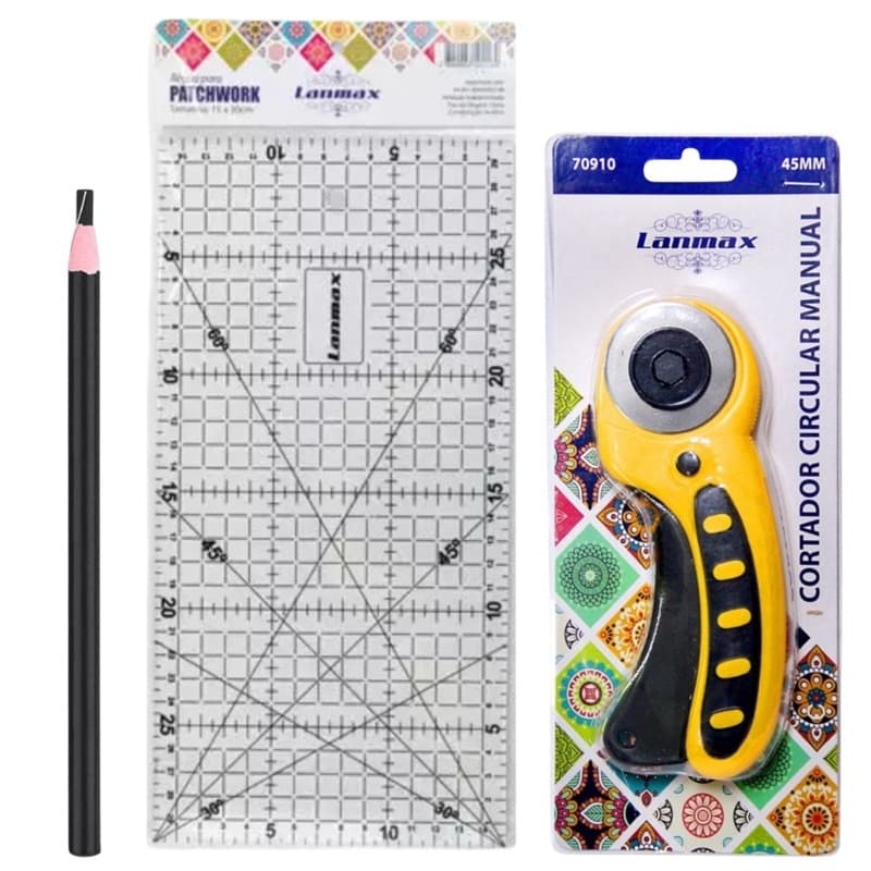Régua 15x30 Patchwork + Cortador Circular 45mm + Lápis Giz Costura