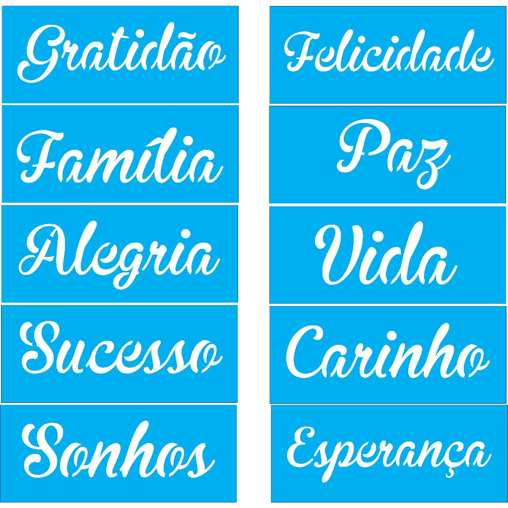 Kit Stencil 10 peças Palavras Alegria, Paz, Sonhos para pintura - Moldes Estêncil - Tamanho 17x7 cm