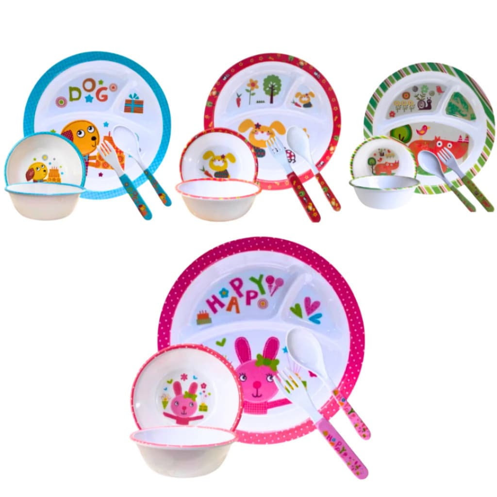 Kit Refeição Alimentação Infantil Papinha p/ Bebê Criança 4 Peças Prato c/ divisórias talheres
