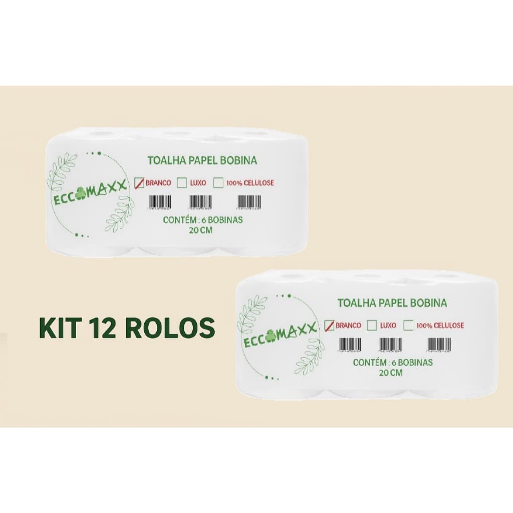12 rolos de Papel Toalha Bobina Branco auto corte 20cm x 200 cm Eccomaxx