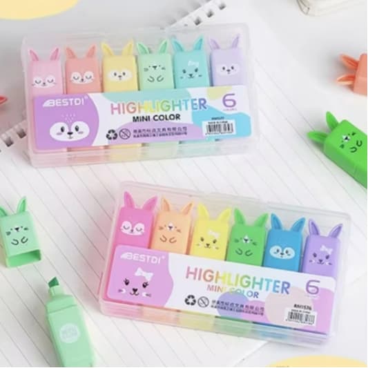 6 Cores Marca Texto Pasteis ou Fluorescente cor Coelho Emogis BESTDI RM1577 Highlighter