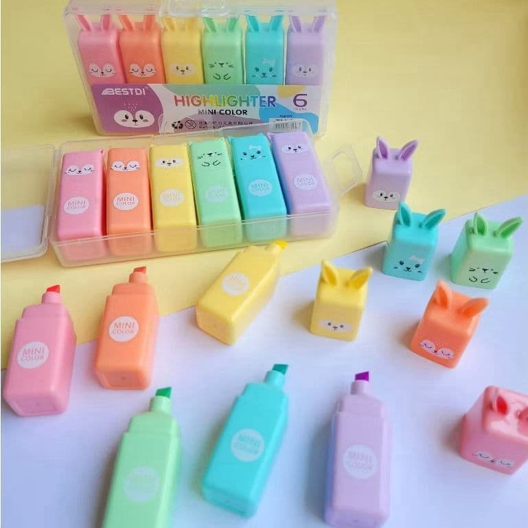 6 Cores Marca Texto Pasteis ou Fluorescente cor Modelo Coelho Emogis BESTDI RM1577 Highlighter