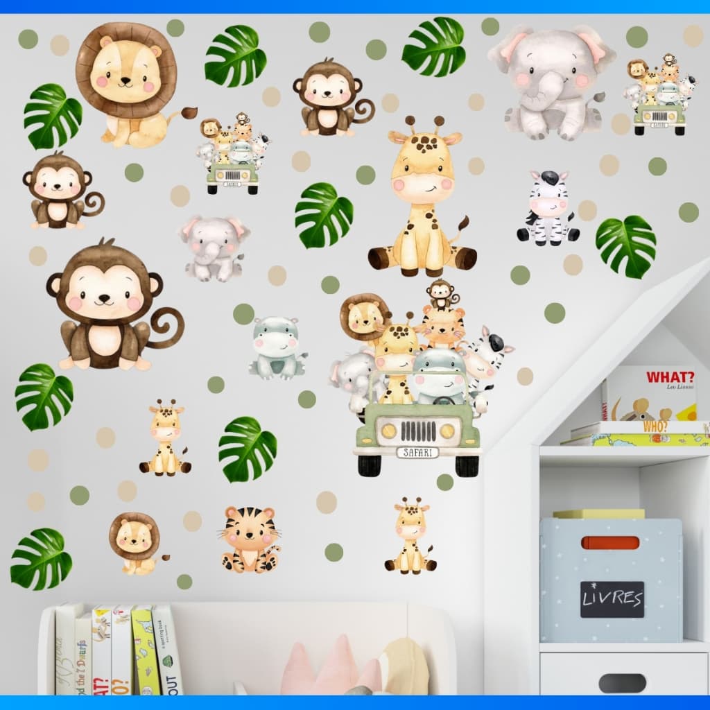 Kit de 44 Adesivos Recorte Animais Safari + Bolinhas - Papel de Parede Infantil