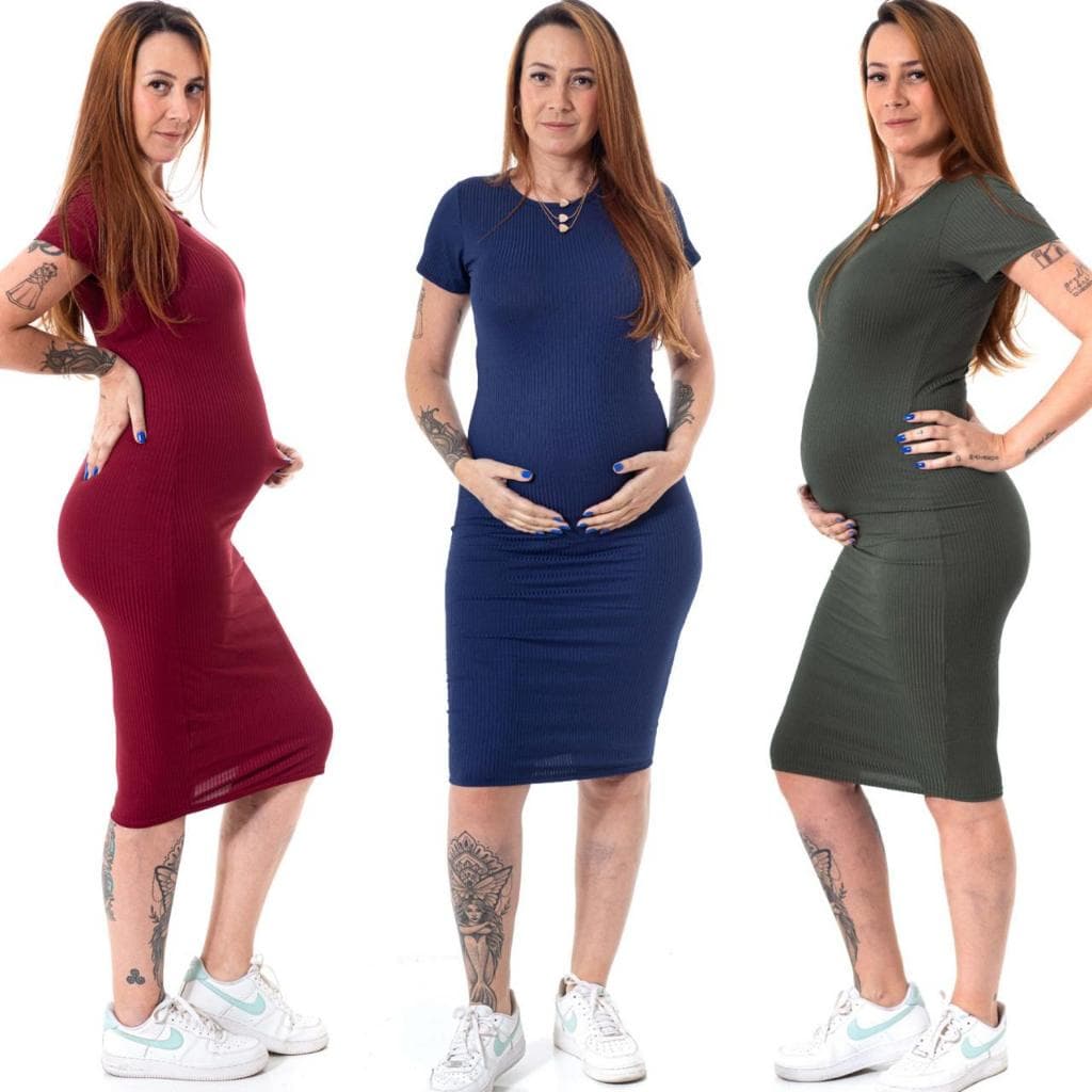Vestido Midi Liso Canelado Gestante Maternidade Confortável Moderno Casual Social Longuete Slim Moda Evangélica Grávida