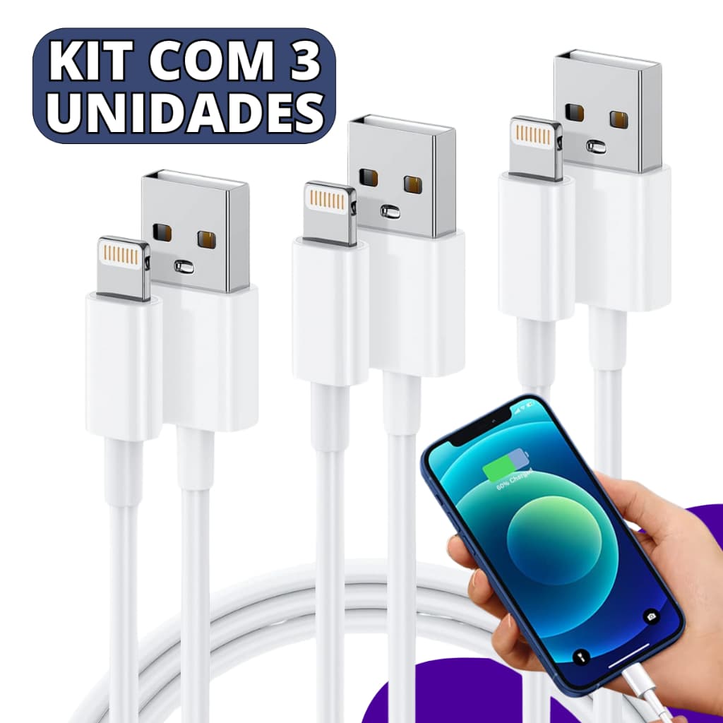 Kit 3 Cabos Turbo Compatível Com Iphone Carregador Usb 1 Metro