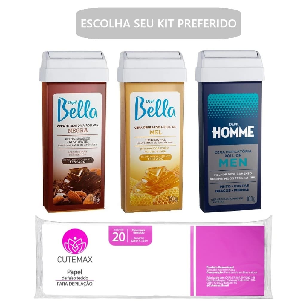 Kit Cera Quente Depil Bella Roll-On 100g + Lenço Depilatório Cutemax Escolha