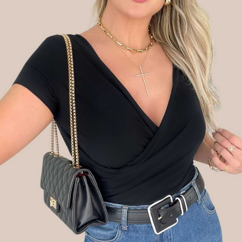 Blusa Feminina Transpassada Manga Curta Blusinha Casual Elegante Dia a Dia Cores Lisas