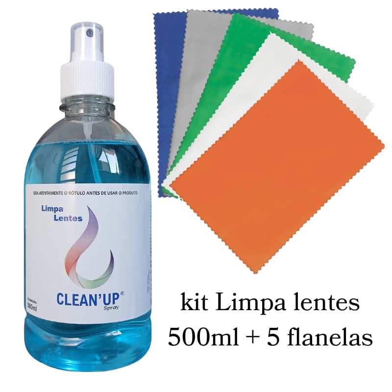 Kit Limpa Lentes Clean`Up 500ml  Para Óculos Celular Computador Tablet + 5 Flanelas Microfibra Suede