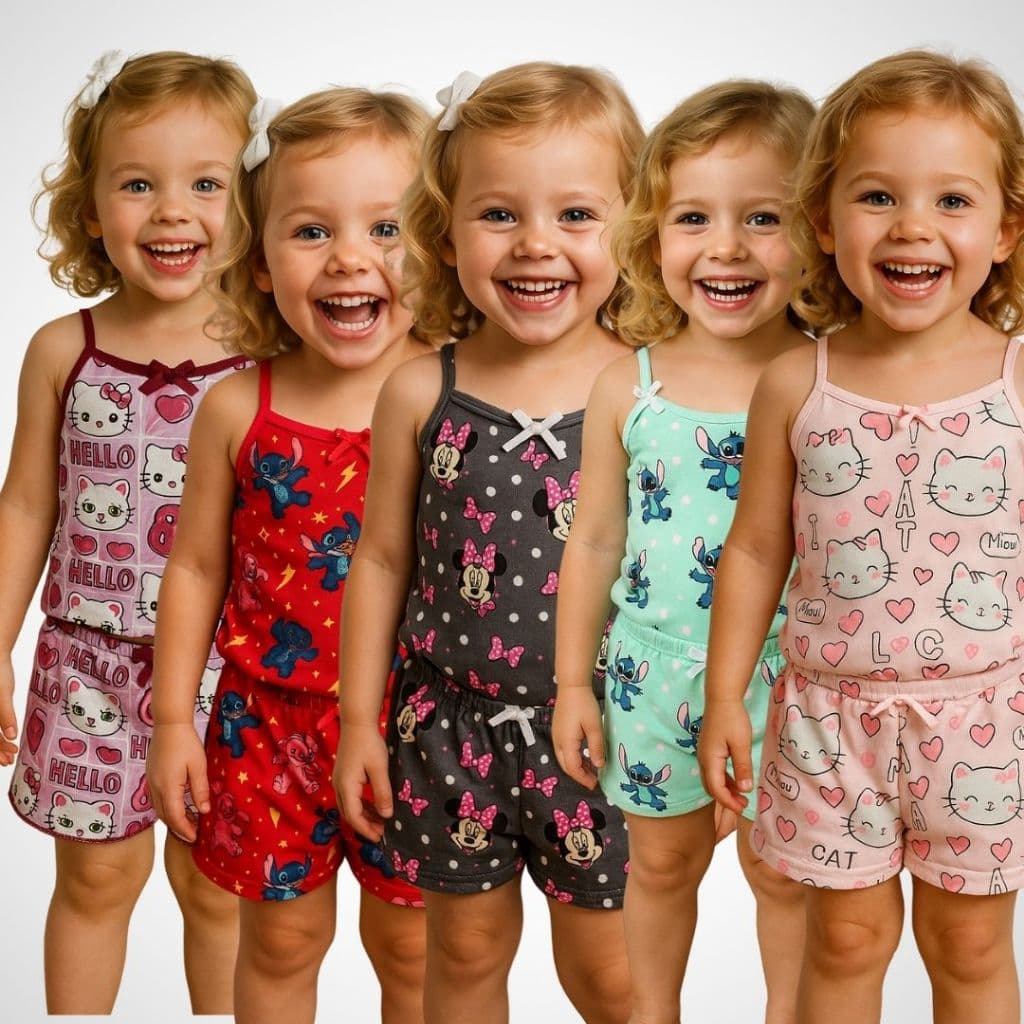 KIT 5 Pijamas Infantil Menina Baby Doll Estampado Com Short Roupa De Dormir