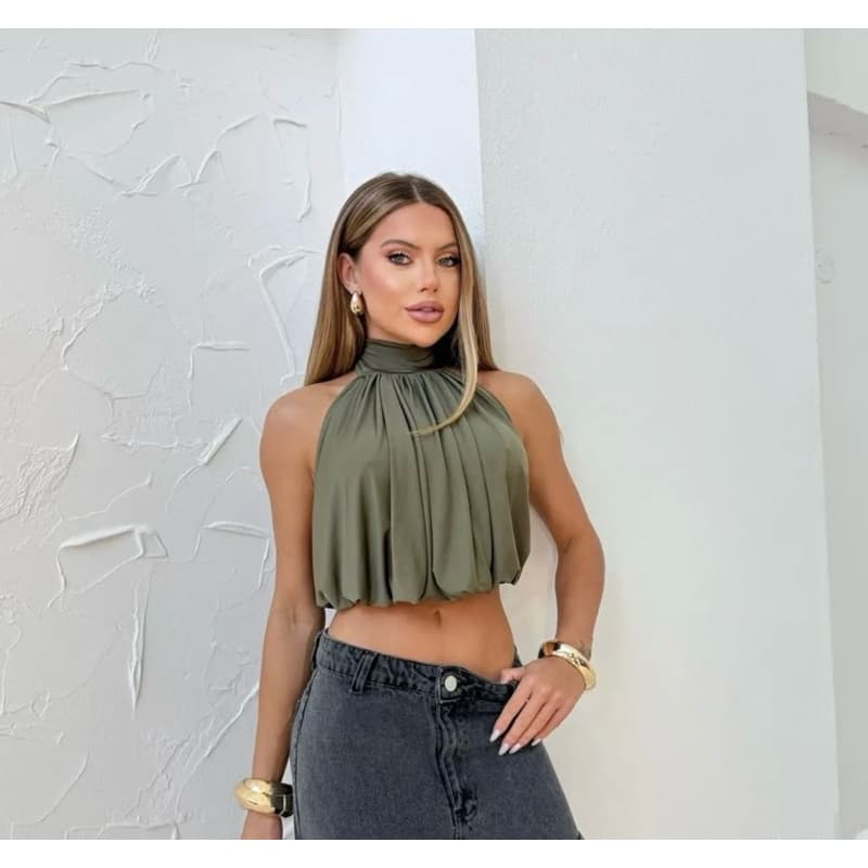 cropped top gola alta soltinho com decote regata moda primavera verão plissado feminino blogueira blusinha sem bojo