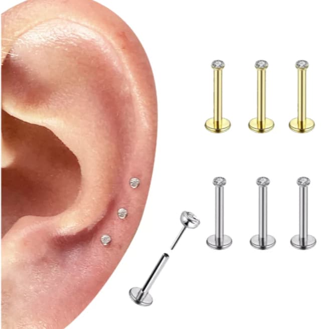 Kit 3 Piercing Titânio Push Pin Australiano Zircônia Ponto de Luz