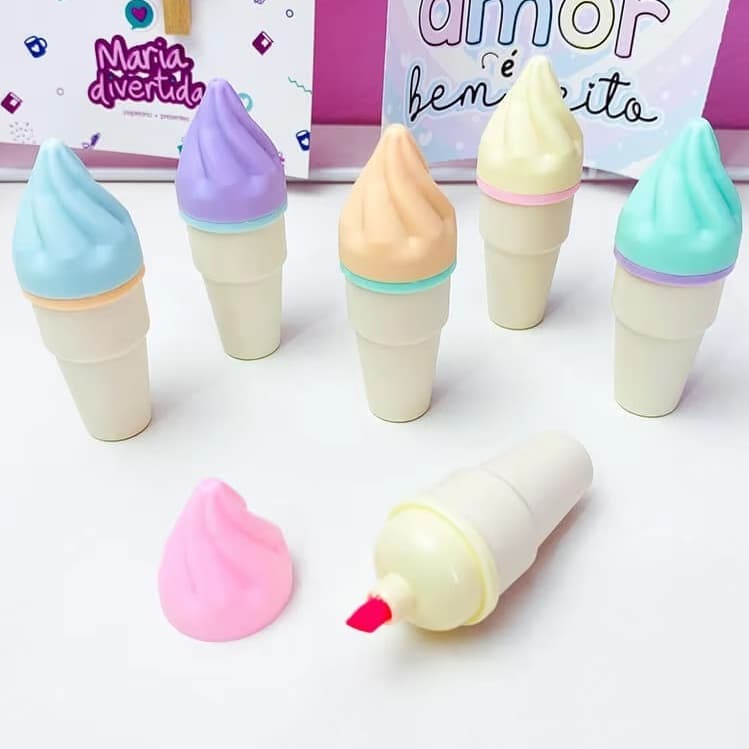 Kit 6 Cores Marca Texto Sorvete Casquinha pastel marcadores papelaria fofa para escritorio escola