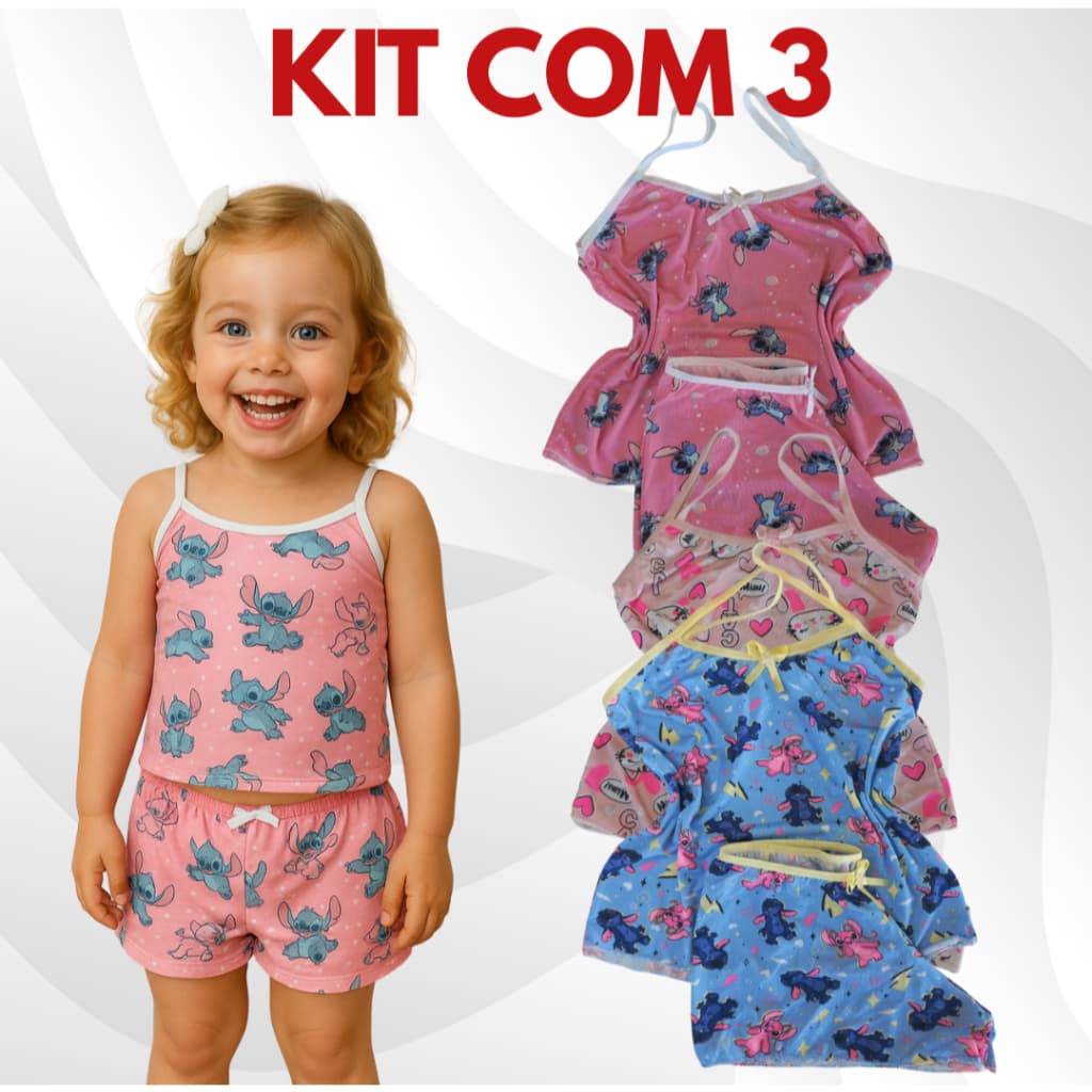 Kit De 3 Pijamas Infantil Short Doll Conjunto Micro Roupa De Dormir Confortável Dia A Dia
