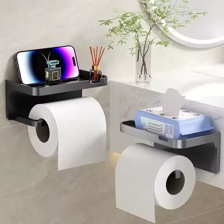Porta Papel Higiênico com Suporte para Celular com Prateleira | Fixação Sem Furos