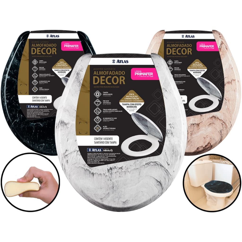 Assento Tampa Vaso Sanitário Almofadado Decor Mármore Marmorizado Oval Universal Atlas