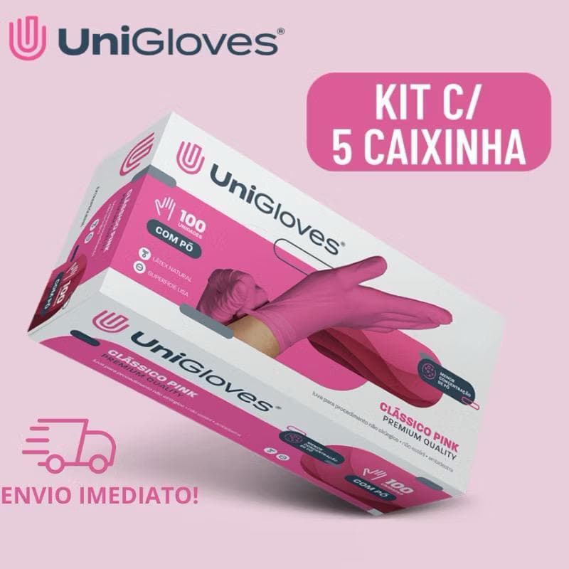 Kit com 5 Luvas Descartáveis Unigloves Rosa clássico Pink c/500 Unidades COM PÓ