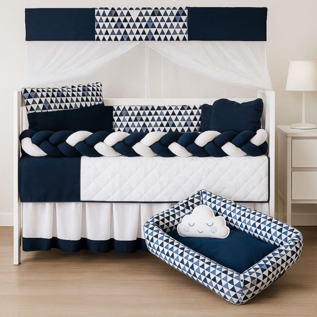 Kit Berço Americano 11 Peças com Ninho Redutor Enxoval Completo para Bebê com Mosquiteiro