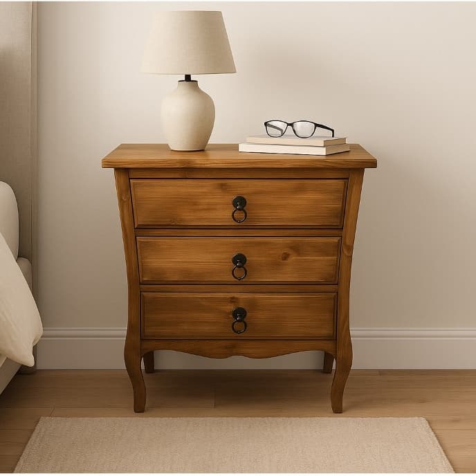 Criado Rústico 3 Gavetas Madeira Pinus Puxador Metal Decoração Casa Mesa De Cabeceira De Cama