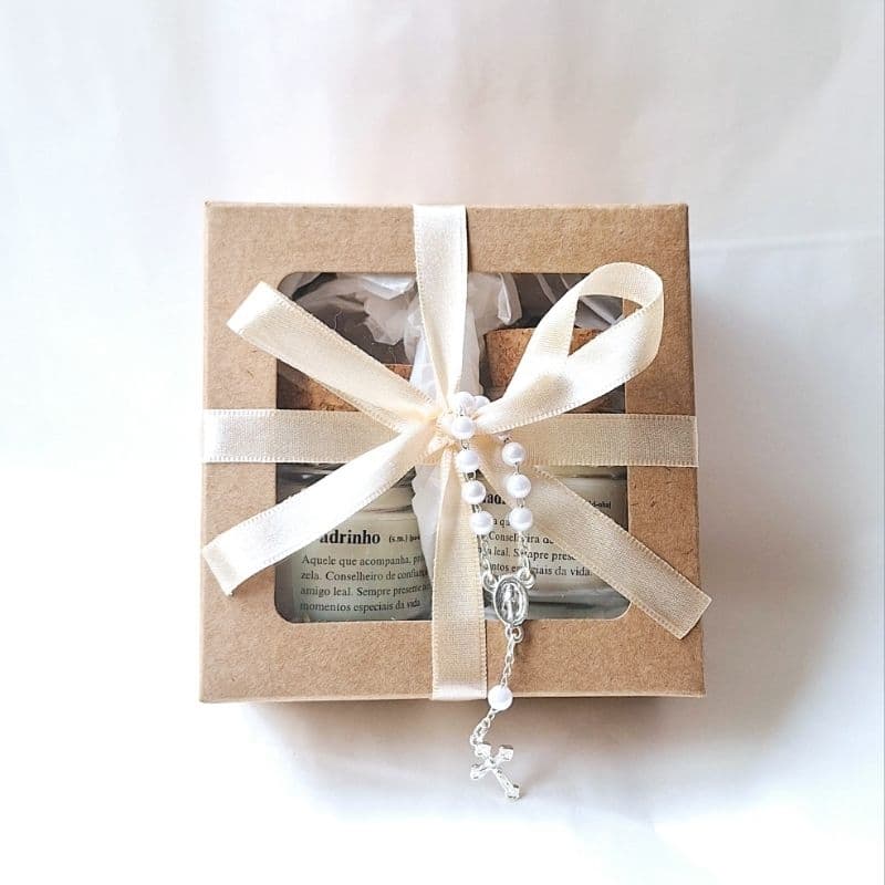 Caixa Padrinhos Velas Aromáticas. Duas mini velas e mini terço