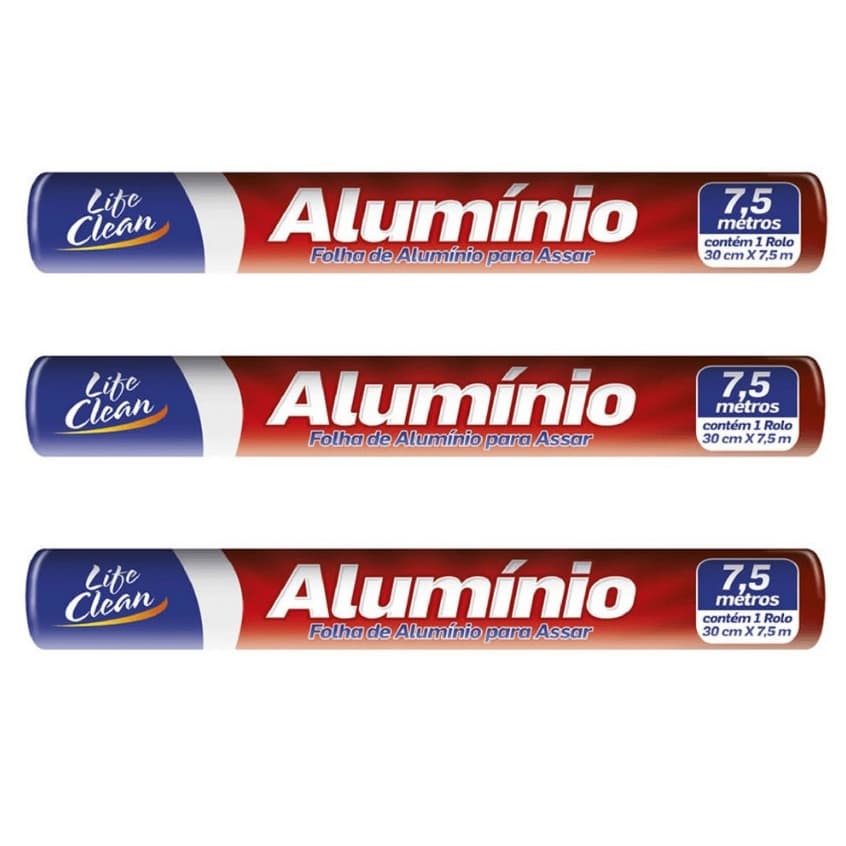 Kit 03 Folha Rolo Papel De Alumínio Resistente 30cm x7,5 metros Life Clean Para Assados Suporta Altas Temperaturas